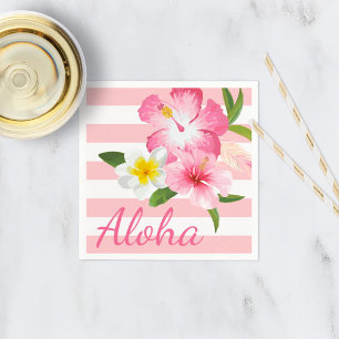 Serviette Jetable Fleurs et rayures tropicales roses d'Aloha