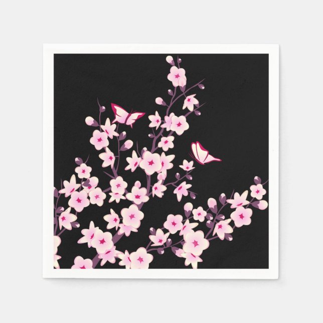 Serviette Jetable Fleurs florales de cerisier rose noir (Devant)
