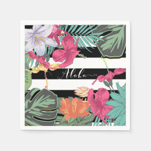 Serviette Jetable Fleurs Florales Tropicales Bandes Noires et Blanch