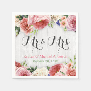 Serviette Jetable Fleurs Roses rustiques Mariage en bois blanc Monog