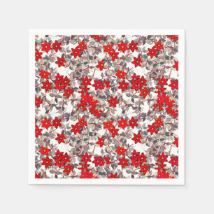 Serviette Jetable Fleurs rouges et feuille de gris argenté