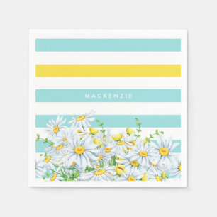Serviette Jetable Girly Aqua Stripes avec marguerites jaunes et nom