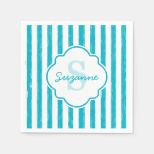 Serviette Jetable Girly Turquoise Peint Stripes Monogramme et nom