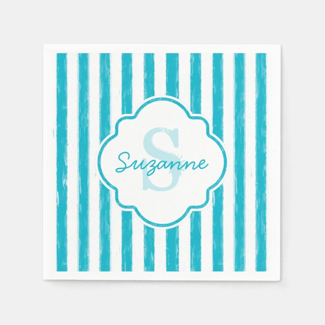 Serviette Jetable Girly Turquoise Peint Stripes Monogramme et nom (Devant)