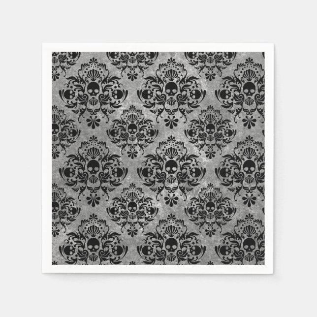 Serviette Jetable Glam Goth Mini Crâne Damas motif noir gris (Devant)