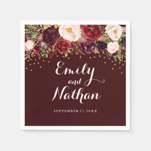 Serviette Jetable Gold Confetti Bourgogne Mariage Floral Napkin