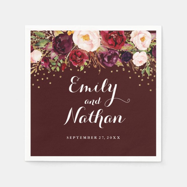 Serviette Jetable Gold Confetti Bourgogne Mariage Floral Napkin (Devant)