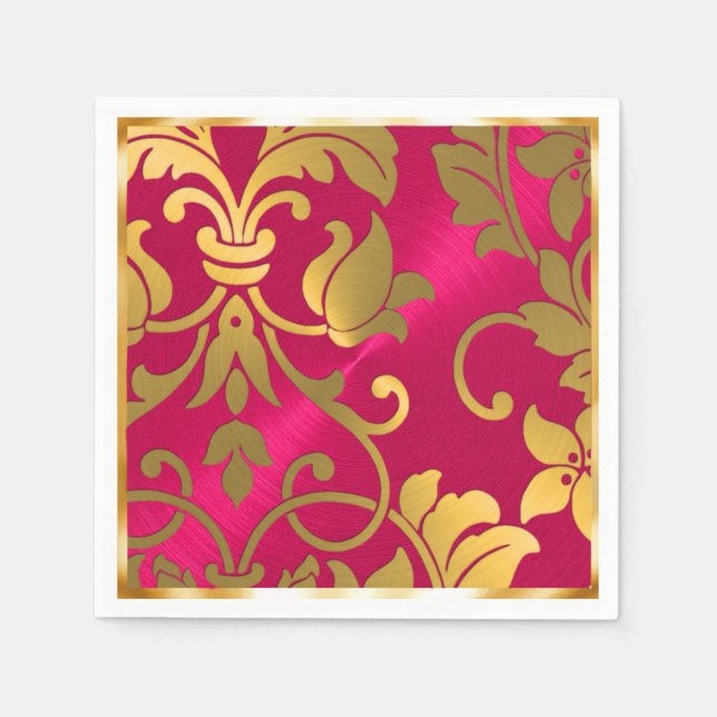 Serviette Jetable Gold et Magenta Pink Damask (Devant)