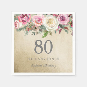 Serviette Jetable Gold Foil Rose rose blanche 80e anniversaire