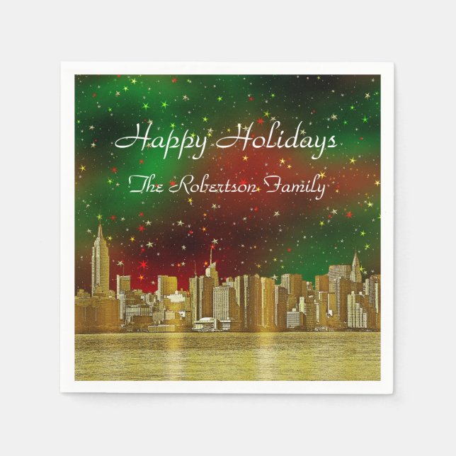 Serviette Jetable Gold NYC Skyline #1 Christmas Red Green Starry (Devant)