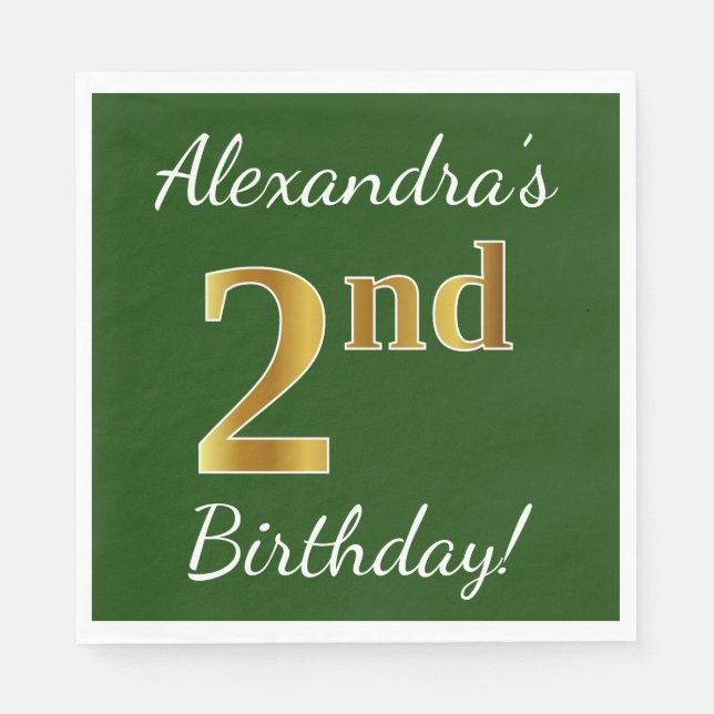 Serviette Jetable Green, Faux Gold 2e anniversaire + Nom personnalis (Devant)