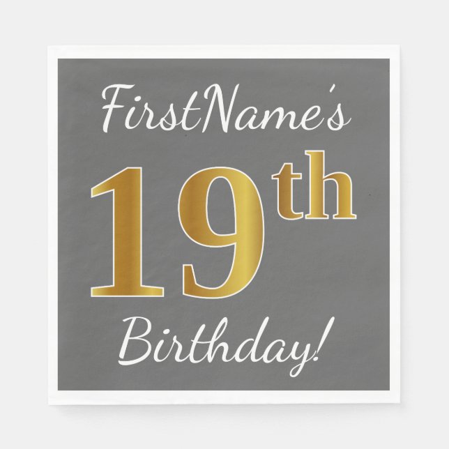 Serviette Jetable Grey, Faux Gold 19e anniversaire + Nom personnalis (Devant)