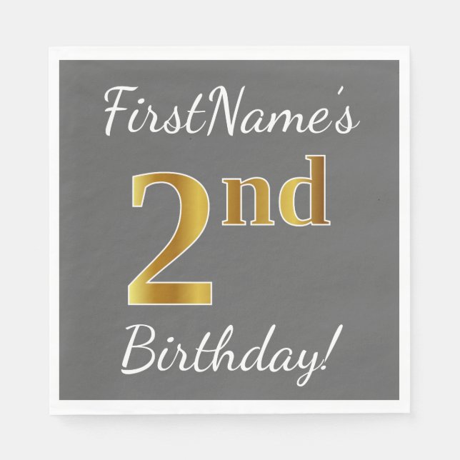 Serviette Jetable Grey, Faux Gold 2e anniversaire + Nom personnalisé (Devant)
