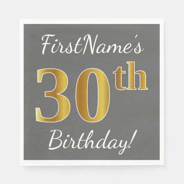 Serviette Jetable Grey, Faux Gold 30th Birthday + Nom personnalisé (Devant)
