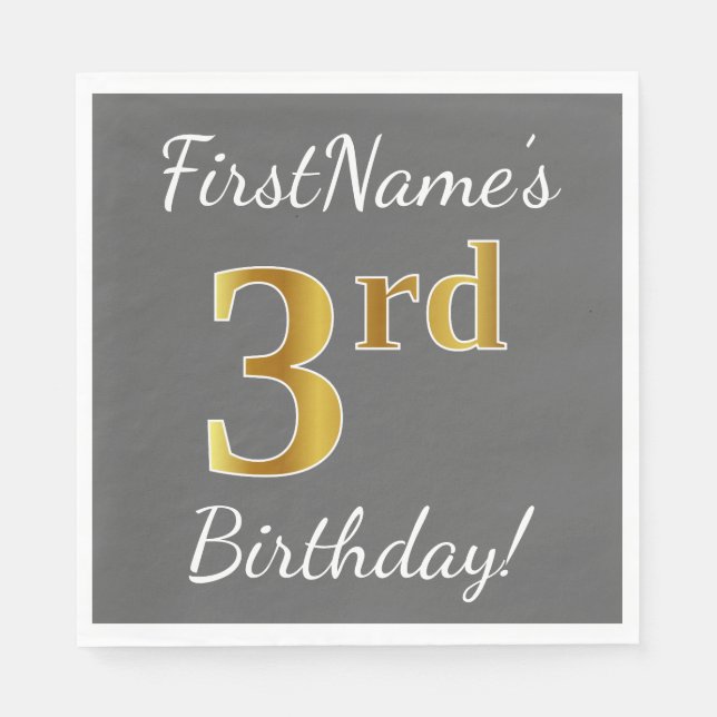 Serviette Jetable Grey, Faux Gold 3e anniversaire + Nom personnalisé (Devant)