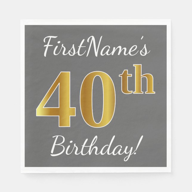 Serviette Jetable Grey, Faux Gold 40th Birthday + Nom personnalisé (Devant)