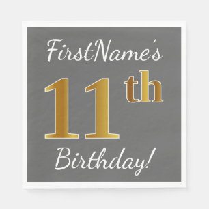 Serviette Jetable Gris, anniversaire d'or de Faux 11ème + Nom fait