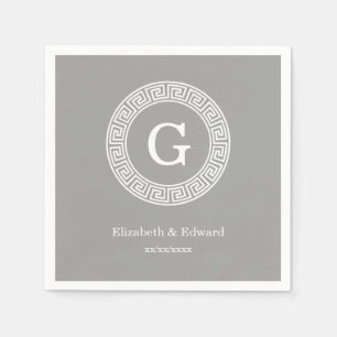 Serviette Jetable Gris foncé blanc clé grecque cadre Rnd initial Mon