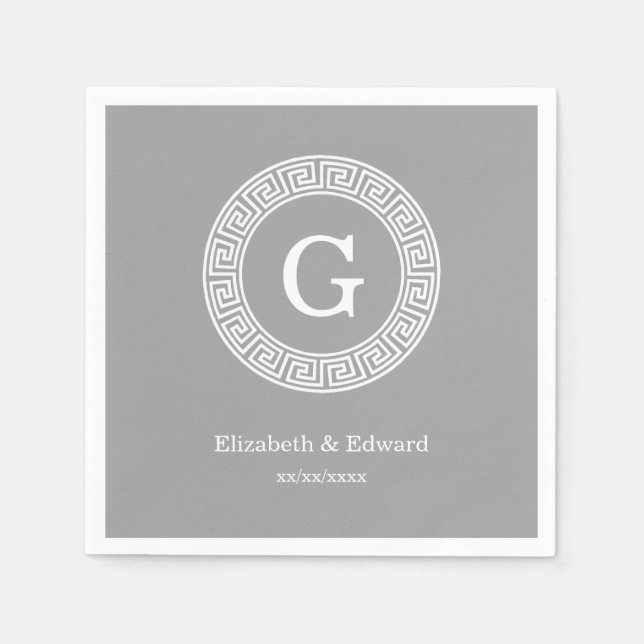 Serviette Jetable Gris foncé blanc clé grecque cadre Rnd initial Mon (Devant)