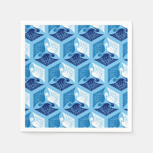 Serviette Jetable Grues japonaises, marine, blanche et bleu clair
