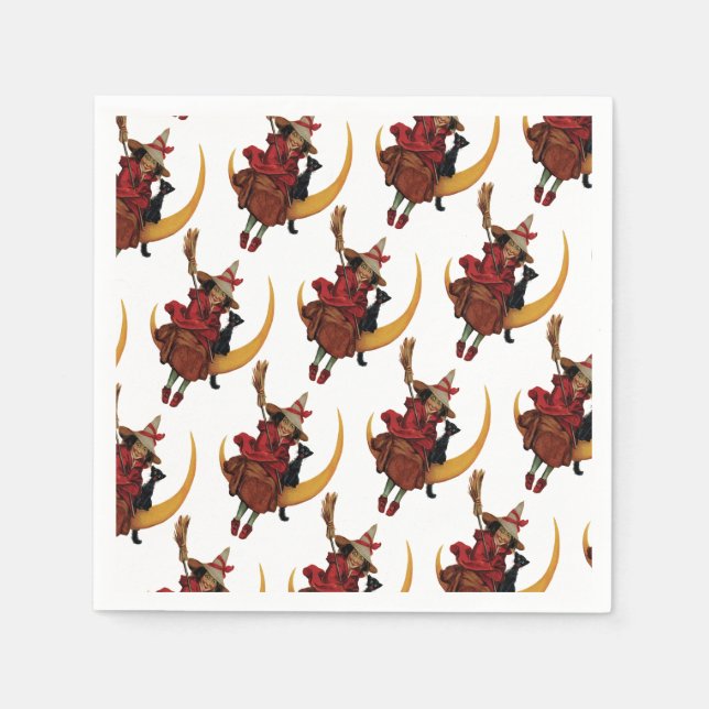 Serviette Jetable Halloween à l'ancienne, sorcière avec chat noir (Devant)