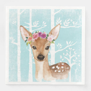 Serviette Jetable Happy Animal avec Fleurs en Forêt Bleue-Cerf