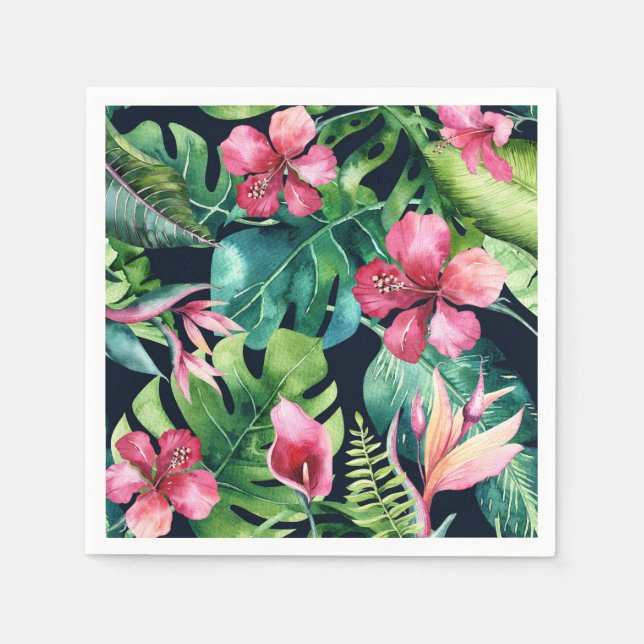 Serviette Jetable Hibiscus et palmiers floraux tropicaux Feuille Haw (Devant)