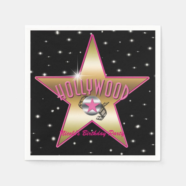 Serviette Jetable Hollywood Pink & Gold Star Black Anniversaire Part (Devant)
