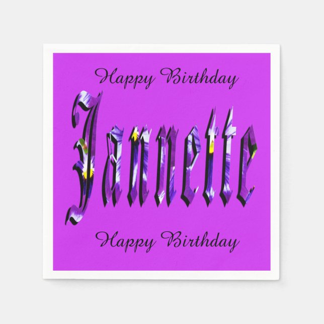 Serviette Jetable Janette, Nom, Logo, Papier Violet Anniversaire (Devant)