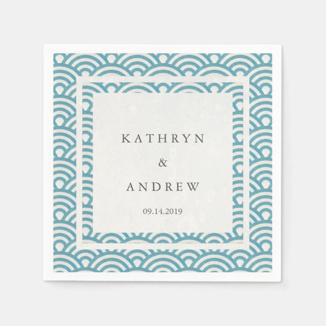 Serviette Jetable Japonaise Seigaiha Vagues Élégante Bleu Vert (Devant)