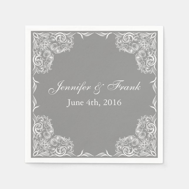 Serviette Jetable Joli Mariage gris cadre dentelle (Devant)