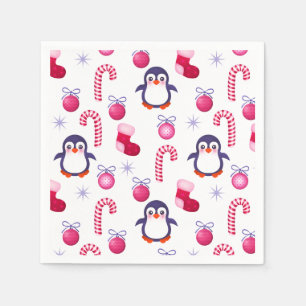 Serviette Jetable Joli Motif de Noël rose et blanc avec des pingouin