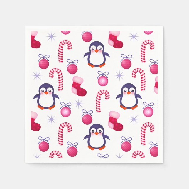 Serviette Jetable Joli Motif de Noël rose et blanc avec des pingouin (Devant)