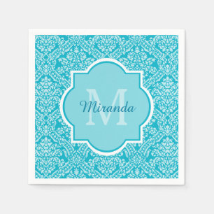 Serviette Jetable Joli Motif Turquoise Damask Monogramme Avec Nom
