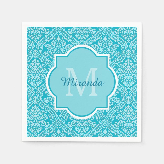 Serviette Jetable Joli Motif Turquoise Damask Monogramme Avec Nom (Devant)