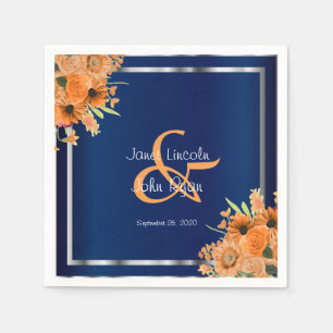 Serviette Jetable Jolies fleurs orange sur bleu marine