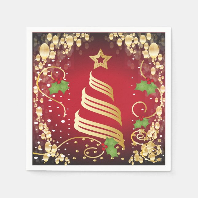 Serviette Jetable Joyeux Noël Festif Rouge et Or brillant (Devant)