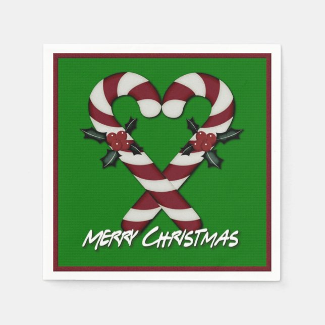 Serviette Jetable Joyeux Sucre de canne de Noël Coeur Green Napkins (Devant)