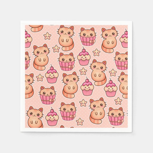 Serviette Jetable Kawaii Cute Cats and Cupcakes Motif rose (Devant)