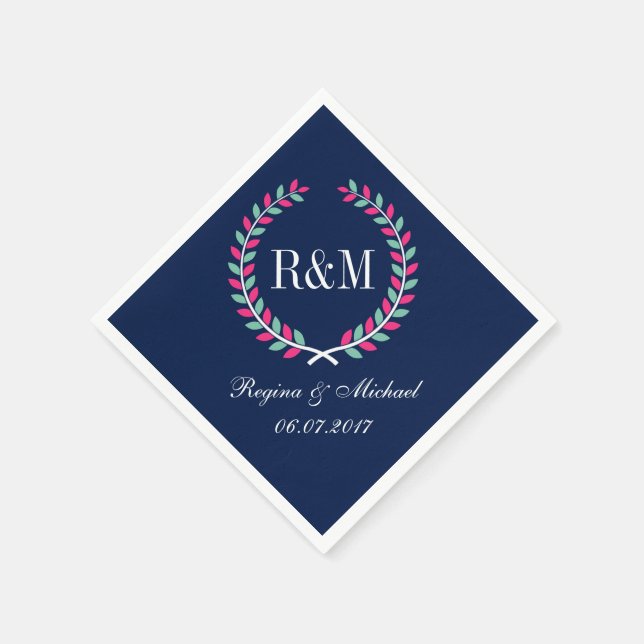 Serviette Jetable Laurel Wreath Monogram Mariage Napkin Navy Blue (Coin)