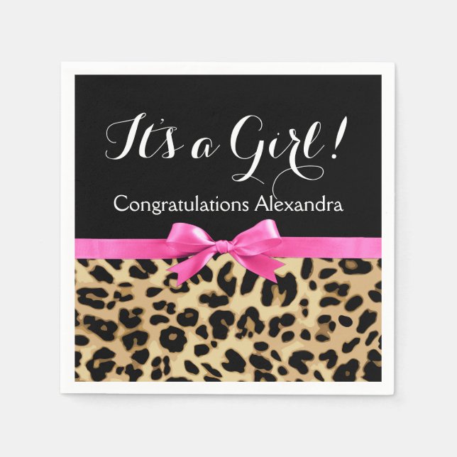 Serviette Jetable Leopard Hot rose Bow C'est un Baby shower Safari f (Devant)