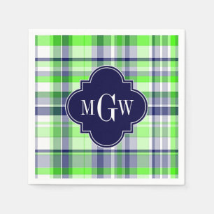 Serviette Jetable Lime, Marine, What Preppy Madras Quatrefoil Monogr