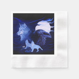 Serviette Jetable Loup et corbeau avec pleine lune