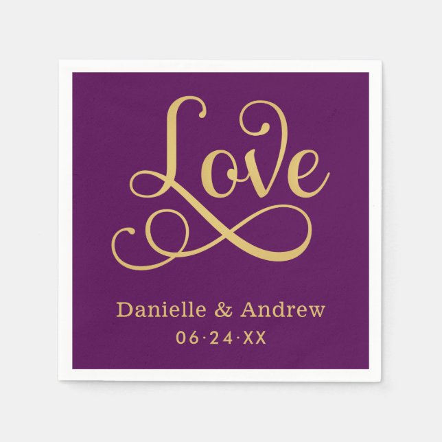 Serviette Jetable Love Elegant Purple Gold Calligraphie Mariage (Devant)