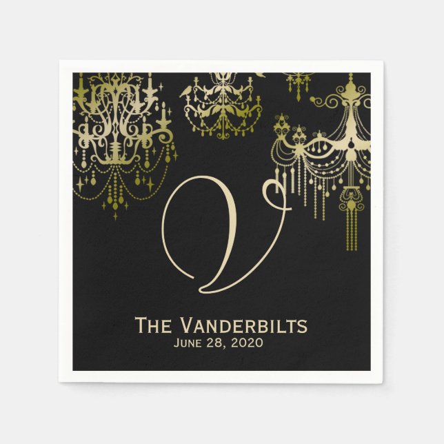 Serviette Jetable Lustres en or sur serviettes Mariage Black Posh (Devant)