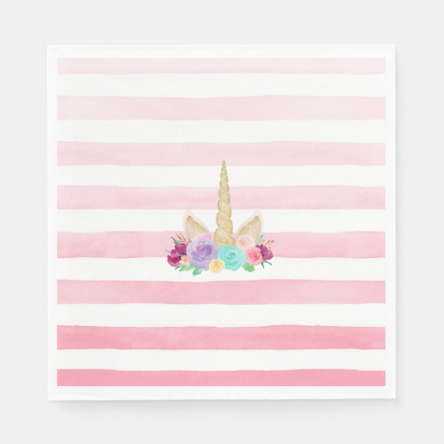 Serviette Jetable Magique Unicorne Floral Pink Striped Napkins (Devant)