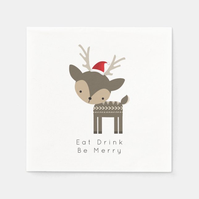 Serviette Jetable Mangez Boire Soyez Joyeux Cerf De Noël En Chapeau  (Devant)