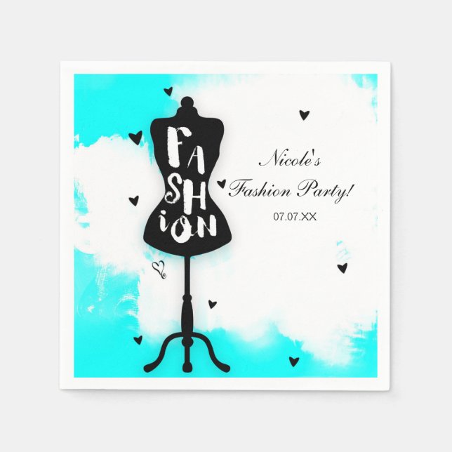 Serviette Jetable Mannequin Stand MODE Aqua & Blanc avec Coeurs (Devant)