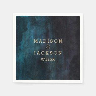 Serviette Jetable Mariage à l'aquarelle bleu marine et monogramme do
