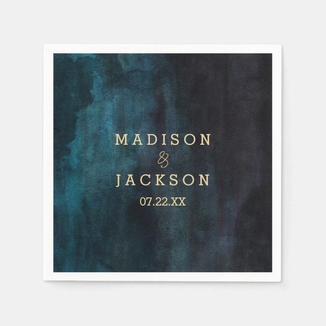 Serviette Jetable Mariage à l'aquarelle bleu marine et monogramme do (Devant)